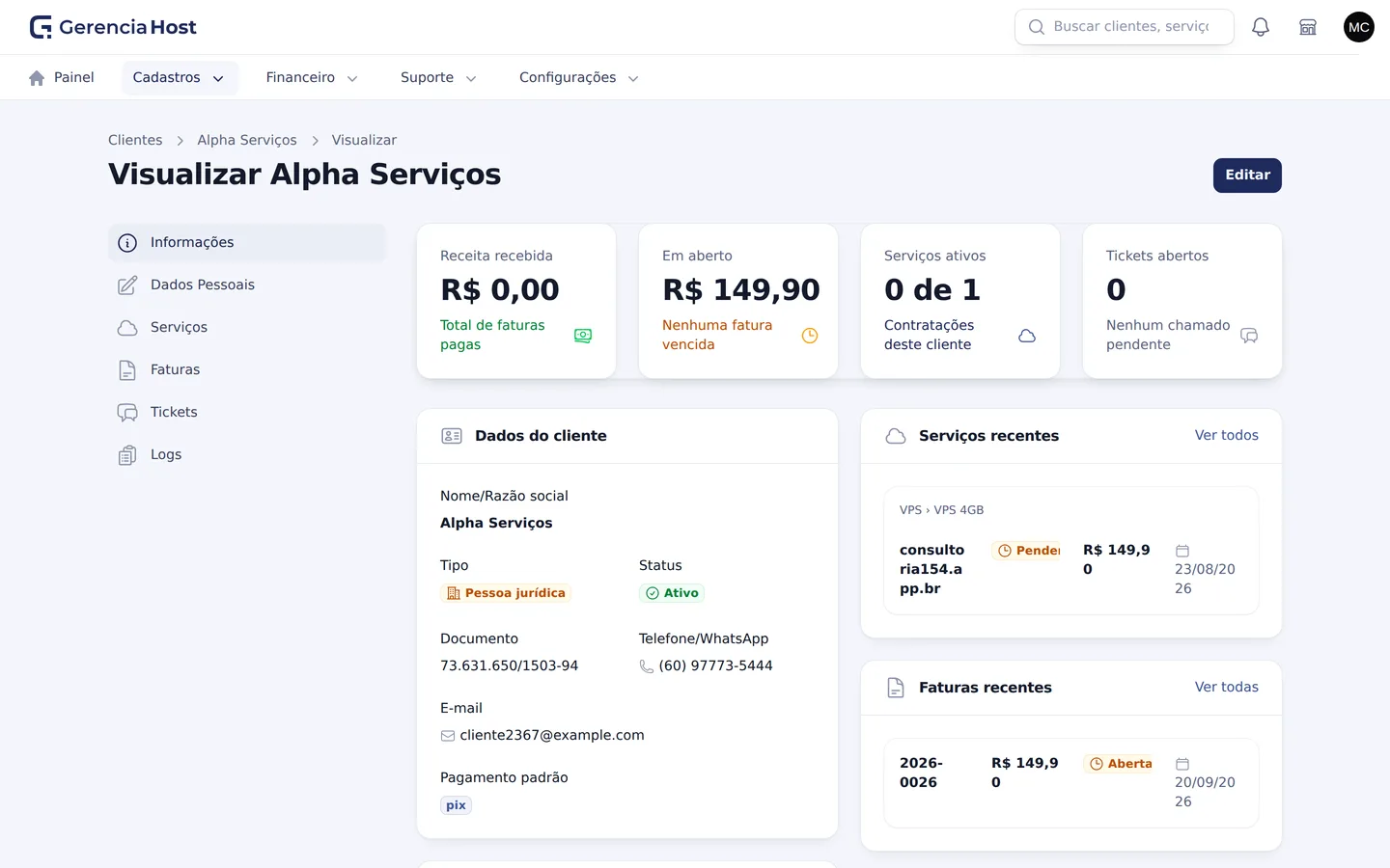 Ficha do cliente com dados cadastrais, serviços contratados e faturas
