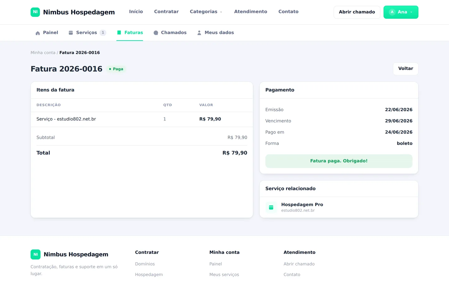 Fatura paga na central do cliente, com itens, datas e forma de pagamento